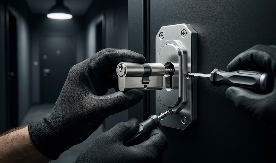 Especialista Cerrajero instalando cerradura anti-bumping en puerta de vivienda en Belicena, Vegas del Genil